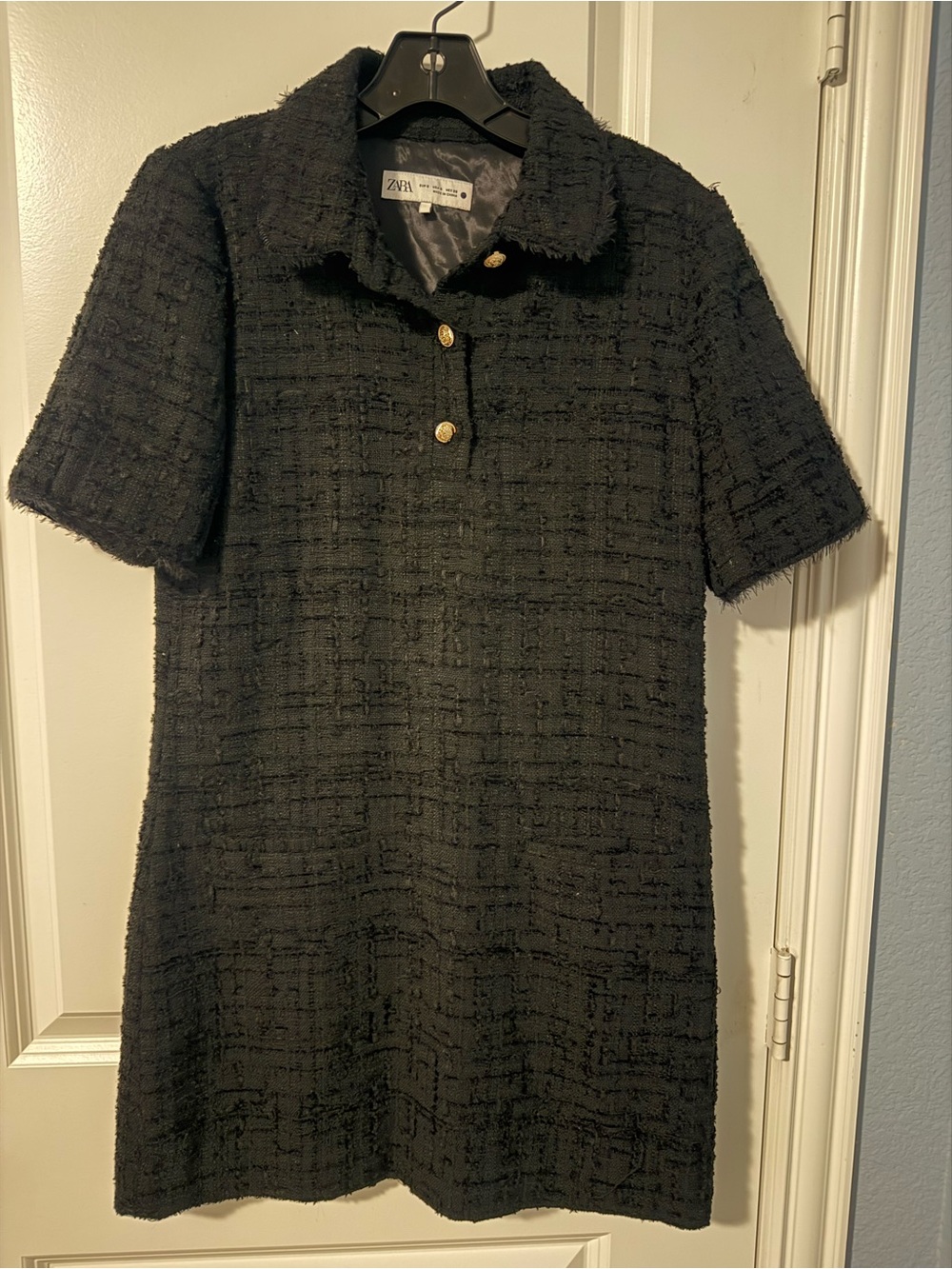 Zara Black Tweed Short-Sleeve Shift Dress with Gold Buttons